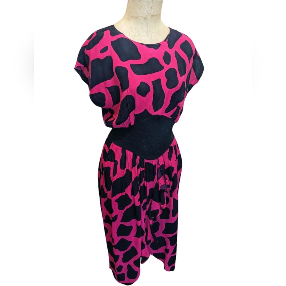 80s Does 40s Fuchsia Pink And Black Silky Hourglass Dress Gorgeous Tulip Hem S M